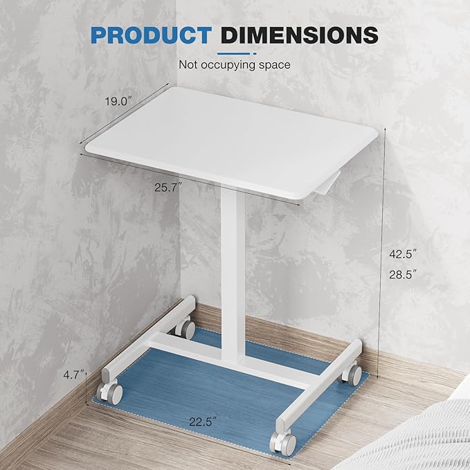Rolling Laptop Stand Small Standing Desk with Wheels, Adjustable Height Rolling Table with Metal Base Lockable Catsers, Computer Rolling Table for Couch Home Office, 25.7'' × 19'' Milky