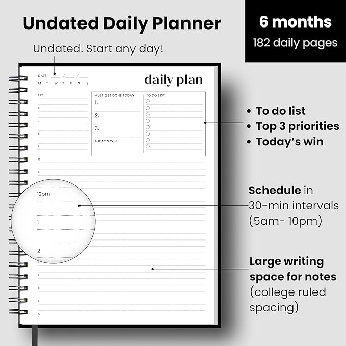 Undated Daily Planner | 2026 Calendar | Large Daily and Monthly Planner with Hourly Schedule, 8.5" x 11" | 6 Month, Full Page a Day, To do List, Time Blocking, Black Aesthetic Hardcover Spiral Notebook