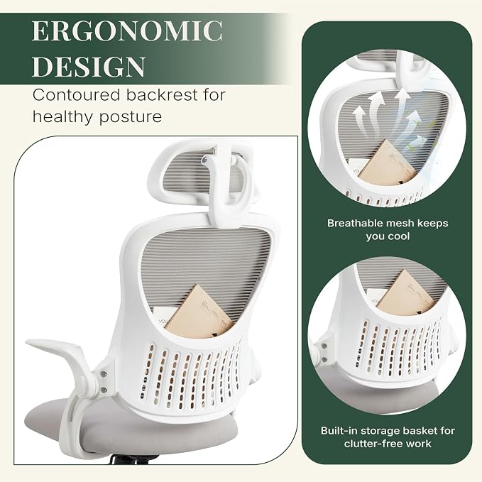 Ergonomic Light Weight Office Chair, Comfy Desk Chair with Wheels, Work Chair with Adjustable Headrests, Flip-Up Armrests, Breathable Mesh Back, Small Computer Chair for Home Computer, Grey