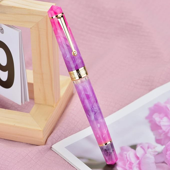 Asvine P20 Piston Fountain Pen, Stub Nib 1.1mm Calligraphy Art Drawing Gradual Purple Acrylic with Case Set