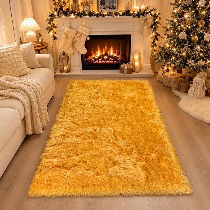 EasyJoy Faux Sheepskin Rug, Fluffy Faux Fur Rug, Ultra Soft Shag Area Rug with Non-Slip Backing for Bedroom, Living Room, Nursery, Kids Room(4 x 6 ft Rectangle, Golden Yellow)