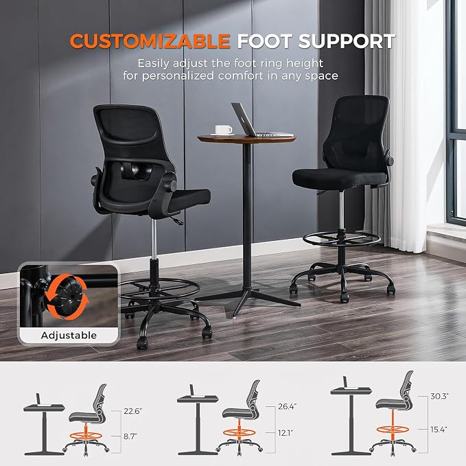 Armless Drafting Chair, Tall Office Chair for Standing Desks | A foot ring steadies legs through crafting and studio projects; breathable lumbar mesh and silent casters fit compact spaces.
