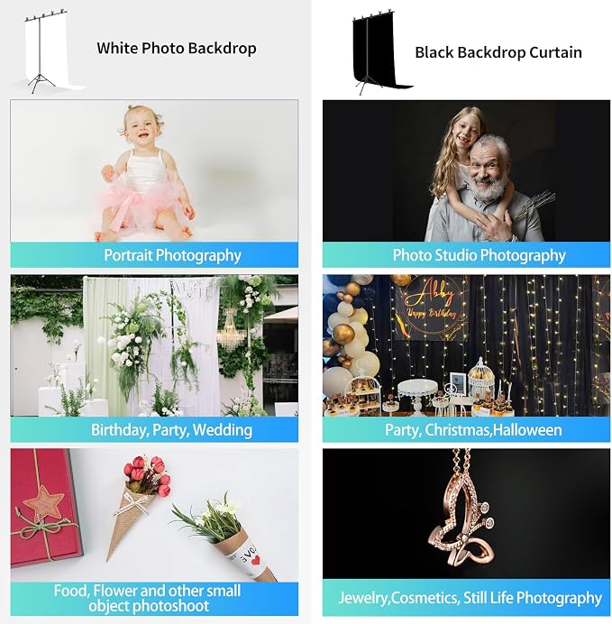 Black White Backdrop Screen with Stand Kit for Photo Video Studio Filming 5X6.5ft, Black Backdrop White Photo Curtain Background with T Shape Stand and 5 Spring Clamp for Photography Party Decorations