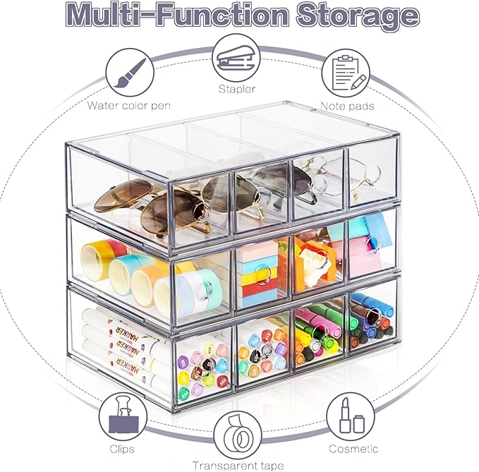 12-Drawer Desk Organizer, 3-Pack Stackable Desktop Storage Box | Clear Sunglasses Organizer, Display Case, Removable Drawers, For Stationery, Markers, Pens, Eyeglasses, Office Supply