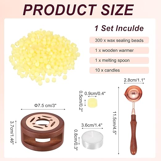 PATIKIL Wax Seal Kit, 300 Pcs Wax Sealing Beads, Wooden Warmer, Melted Spoon, 10 Pcs Tealight Candles for Envelope Letter Mailing Crafts DIY, Clear Yellow