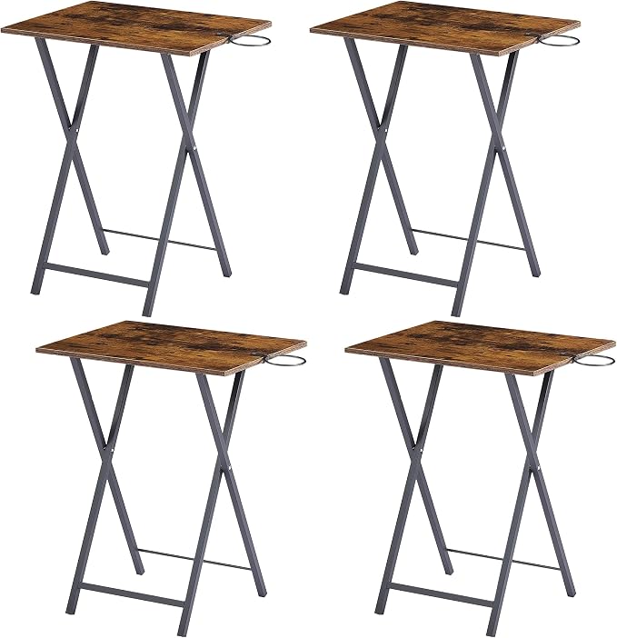 VECELO Folding TV Tray for Eating Set of 4, Portable Dinner/Snack Table with Cup Holder for Couch, Living Room and Small Space, Antique Brown