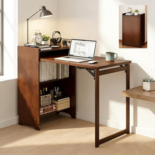 tonchean Bamboo Folding Desk with Storage Shelves, Foldable Computer Desk for Small Spaces Mid Century Fold Out Table Hidden Desk Space Saving Writing Table for Home Office Bedroom Dorm, Brown