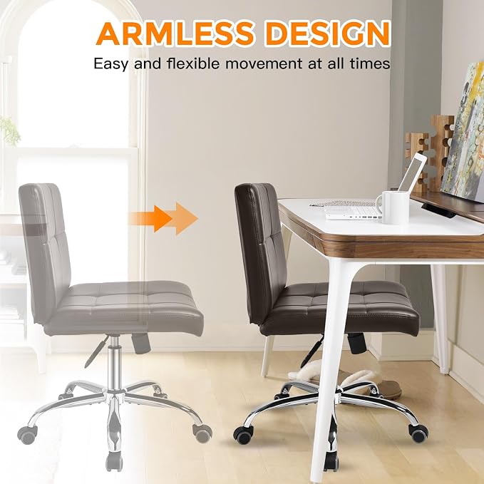 360° Office Desk Chair,PU Adjustable Rolling Task Chair with Backrest for Barber,Office,Home, Computer,360° Swivel,Armless，desk chair without arms，office chair 400+ lb weight capacity(Widened Brown)