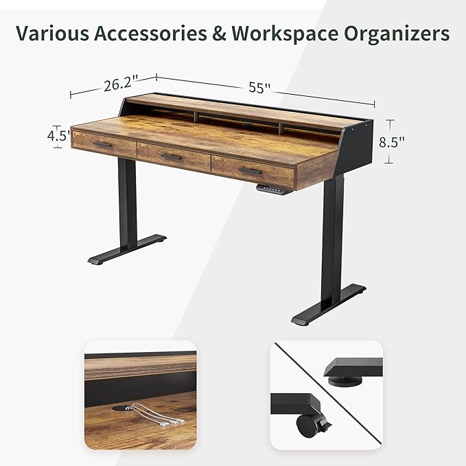 CubiCubi Standing Desk 55x26 Inches with 3 Wood Drawers and Monitor Shelf, Ergonomic Rising Home Office Desks, Height Adjustable Computer Desk, Sit Stand Up Electric Workstation Table, Brown