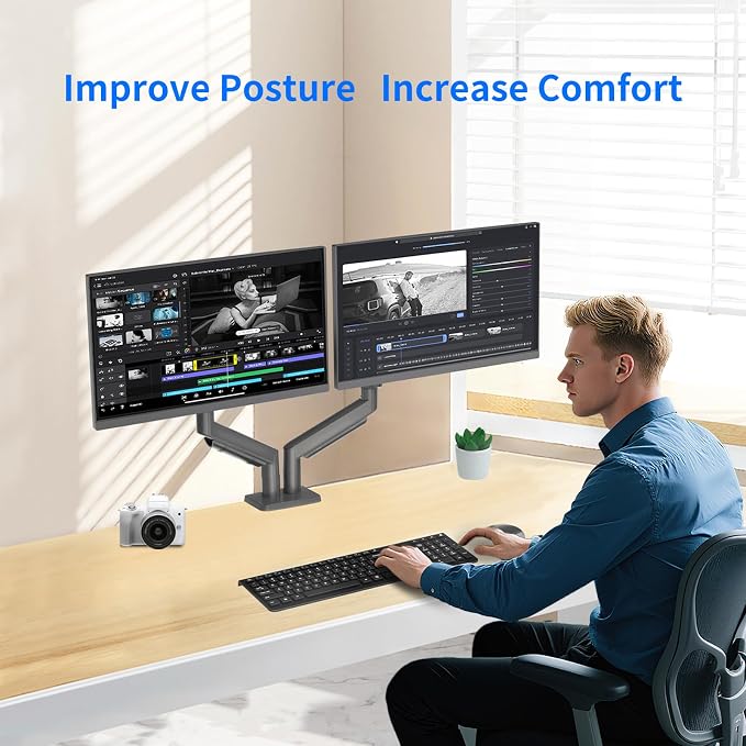Dual Gas Spring Monitor Arm for 13-32 Inch Monitors, Desk Mount | Supports 19.8 lbs/Arm | Smooth Gas Spring | Full Motion | C-Clamp & Grommet | Cable Management | VESA 75×75/100×100 mm