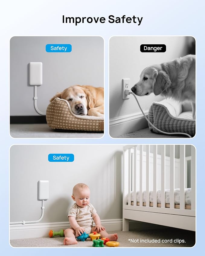 TROND 10FT Flat Extension Cord with Ultra-Thin Outlet Cover, Flat Wall Plug Power Strip with 4 AC 4 USB Ports, Hidden Outlet Extender for Tight Spaces, 10A/1250W, 900J Surge Protection, White