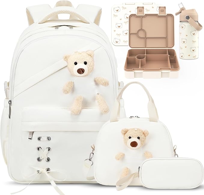 ACESAK Girls Backpack for School Set - 5 PCS Cute Girls Backpack with Lunch Box, Pencil Case, Bento Box & Insulated Water Bottle - Kawaii Casual Kids Bookbag Set Back to School Supplies (Beige)