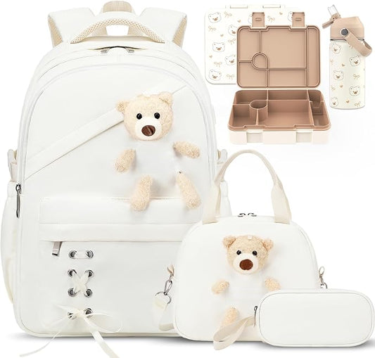 ACESAK Girls Backpack for School Set - 5 PCS Cute Girls Backpack with Lunch Box, Pencil Case, Bento Box & Insulated Water Bottle - Kawaii Casual Kids Bookbag Set Back to School Supplies (Beige)