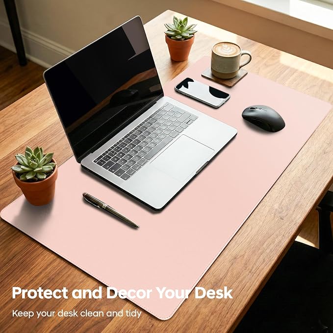 Leather Desk Pad Protector, Office Desk Mat, Large Mouse Pad, Non-Slip PU Leather Desk Blotter, Waterproof Computer Desk Writing Pad for Office and Home (Light Pink, 23.6" x 13.7")