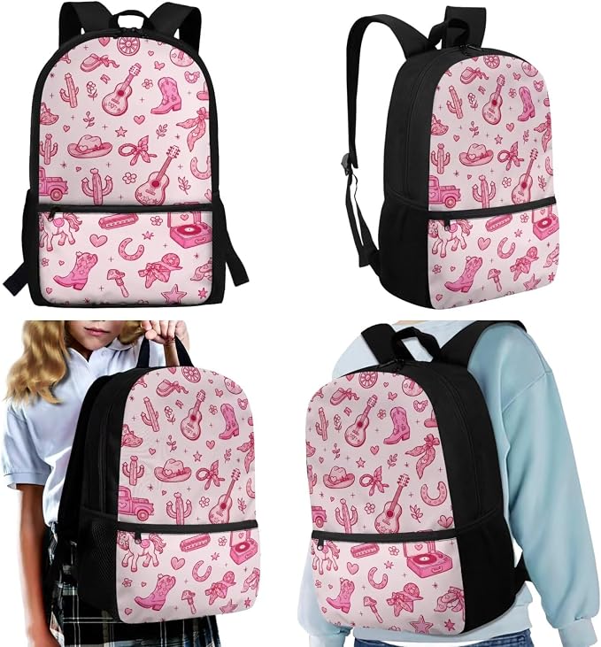 WELLFLYHOM 17 Inch Western Cowgirl School Backpack for Kids 5-6 Girls | Pink Book Bag with Lunch Box Pencil Case Water Bottle Case Back to School Supplies