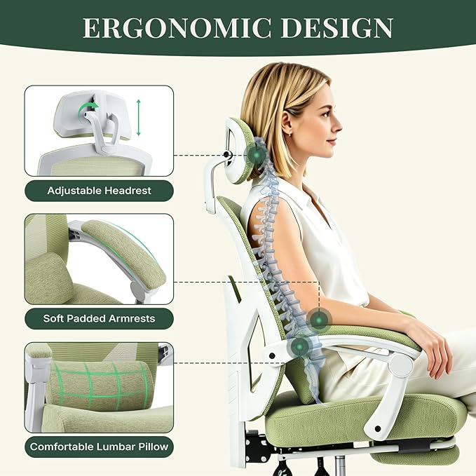 Ergonomic Office Chair with Footrest, High Back Home Desk Chair with Lumbar Support & Headrest, 90-135° Reclining Mesh Back Computer Chair with Wheels for Work, Gaming, Green