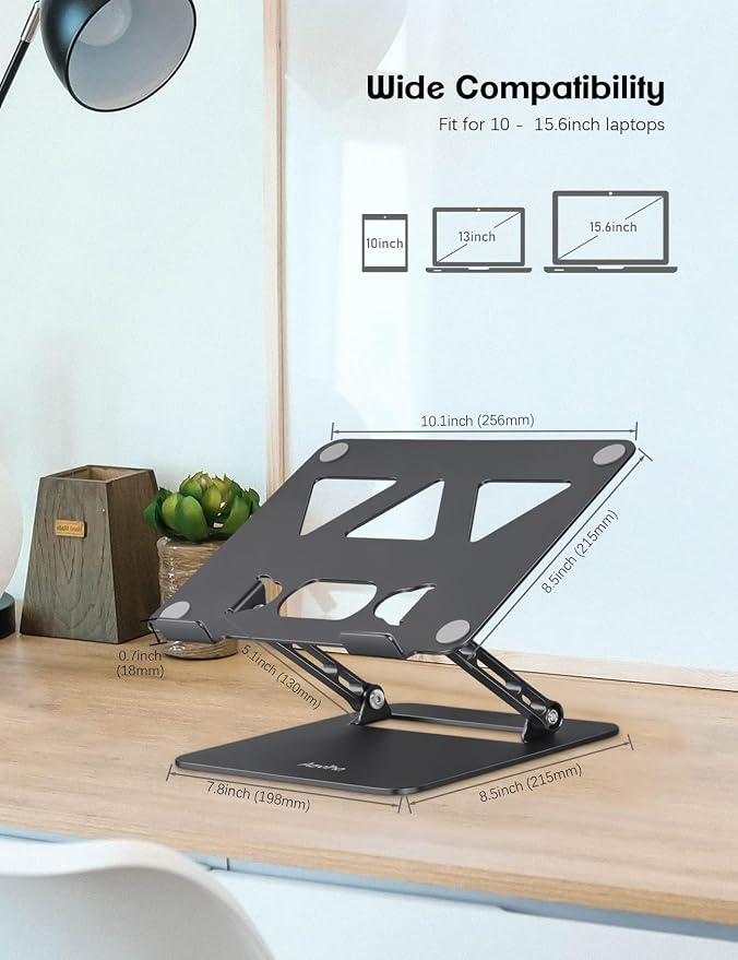 Aoviho Adjustable Laptop Stand for Desk, Portable Laptop Stand Holder and Riser, Foldable Aluminum Notebook Computer Stand for MacBook Air Pro HP Lenovo Dell Samsung Chromebook, 10-15.6 inch, Black