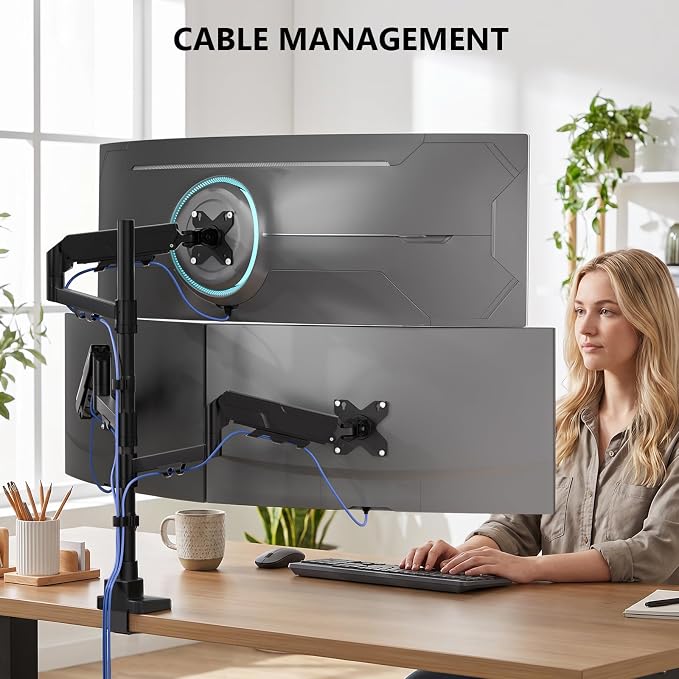 WALI Stacked Triple Monitor Mount for 49" UItrawides and Dual 34" Monitors | Heavy Duty 3 Monitor Arm up to 33 lbs, Full Motion with Tilt, Swivel, Rotation, C-Clamp & Grommet Base, VESA 75/100mm, Black