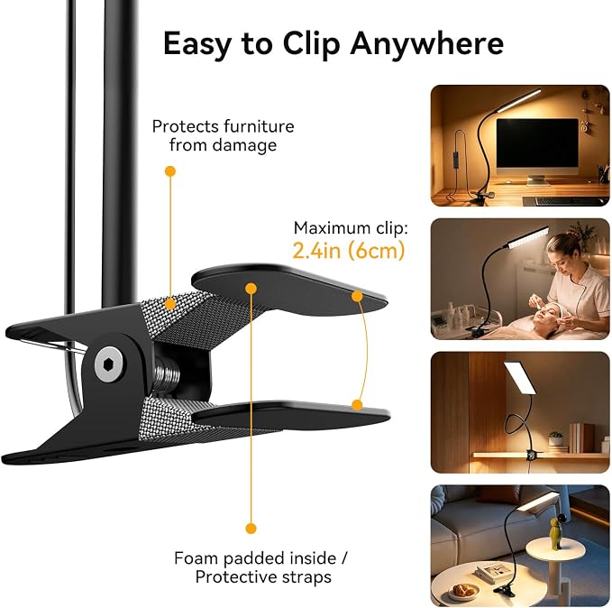 Clip on Desk Lamp, 5W LED Reading Light, 400 Lumens Book Light, 3 Color Modes 6 Brightness Levels, USB Powered Adjustable Neck Lamp for Desk, Bedside, Study, Office