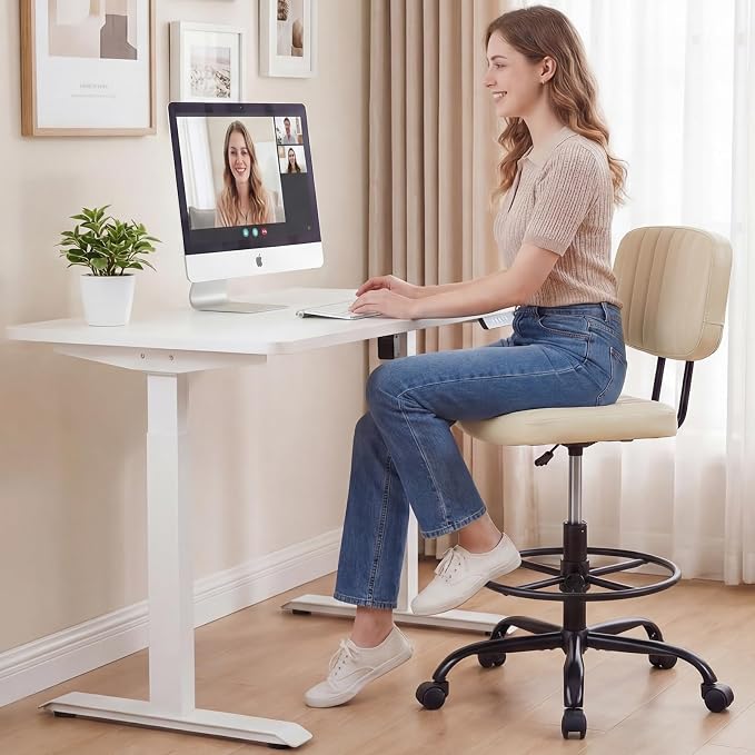 DUMOS Armless Drafting Chair, Low Back Office Seat with Adjustable Footrest Ring for Standing Desk, Ergonomic PU Leather Office Seating, Swivel Rolling High Stool for Studio, Lab, Counter, Beige