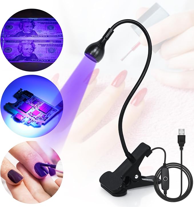 UV Nail Lamp - UV Light for Gel Nails, Flash Cure Lamp, LED Gooseneck Flash Cure Lamp for Nails, Manicure Dryer Black Light with Clamp, 365+395nm Wavelength 5V 3W 4 Levels Dimming Black