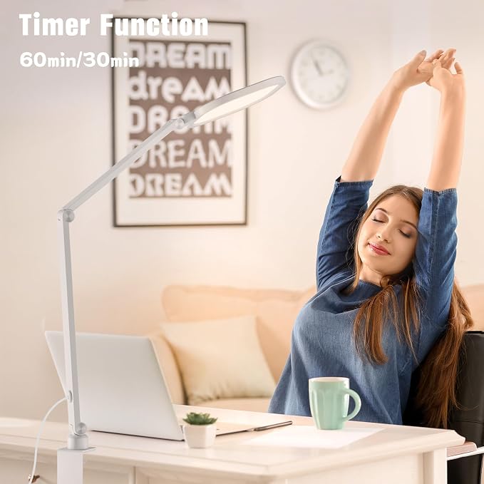 LED Desk Lamp for Home Office with C- Clamp | Swing Arm, Memory, Timer, 30 Dimmable Modes, Computer Light for Video Calls, Zoom Meeting, Conference, Streaming, Podcasting