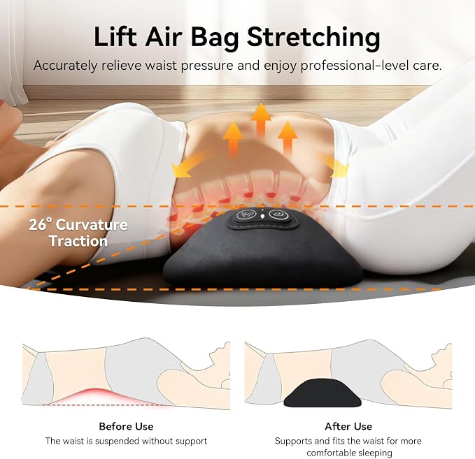 3-in-1 Electric Lumbar Support Pillow, Triple Fusion Back Massager with Heat, Vibration and Stretch, Ergonomic Lower Back Massager for Pain Relief Deep Tissue, Ideal for Car Bed Office Chair Travel