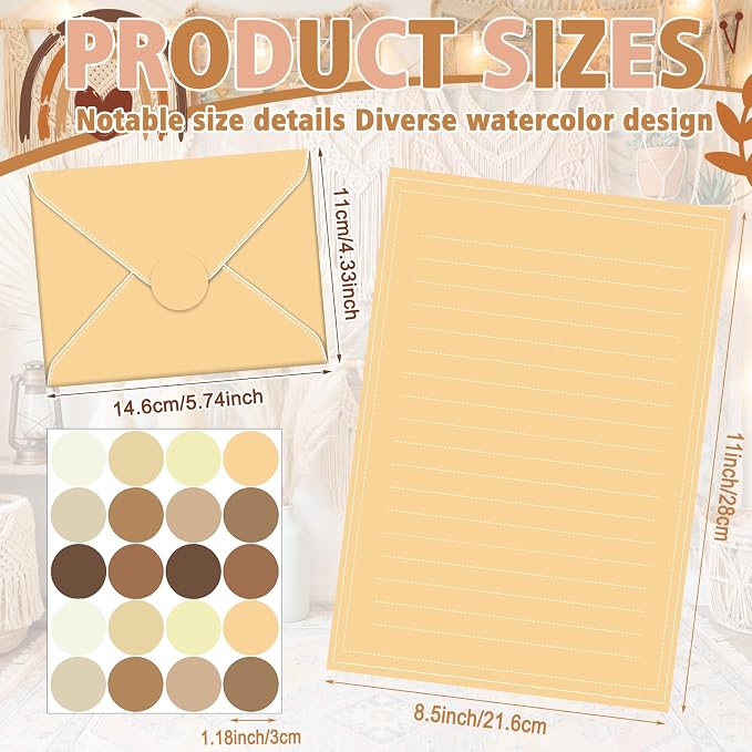 TaoBary 160 Packs Stationery Paper Set (50 Double Sided Stationery Writing Papers 50 Matching Envelopes) 60 Round Dot Sticker, 10 Design (5.5 x 8.25 Inch,Brown Color)