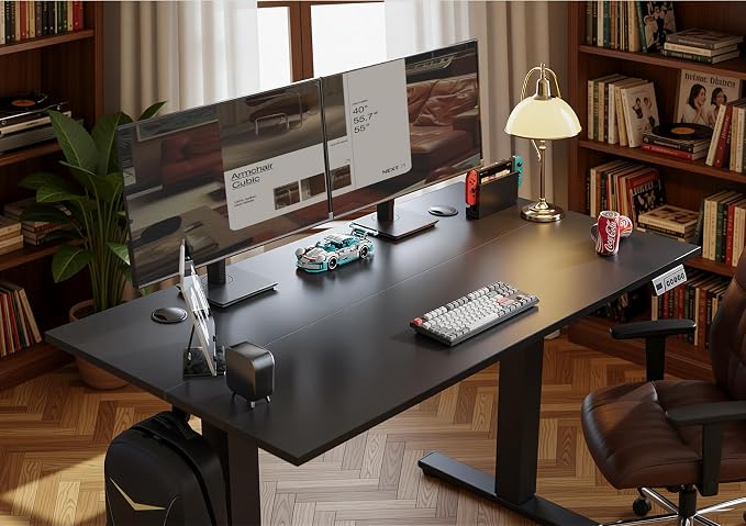 Seang Electric Height Adjustable Standing Desk, 40 x 24 Inch Sit-Stand Workstation with T-Style Frame, 3 Memory Height Options & Built-in Cable Management for Home Office, Black Frame/Black Top