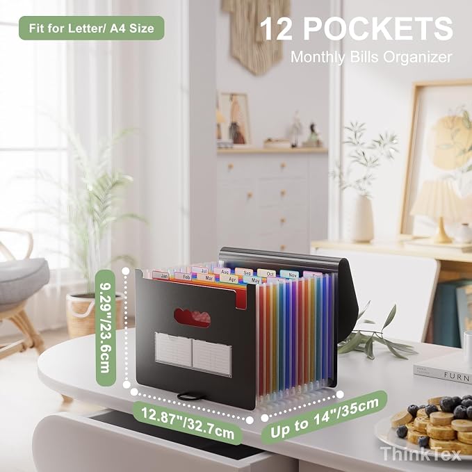 ThinkTex 10-Pack Accordion File Folders - 12 Pockets Bulk Expanding Organizer, Heavy Duty Letter/A4 Document Holder with Color Tabs for Business Tax, School & Office & Back to School Supplies - Black
