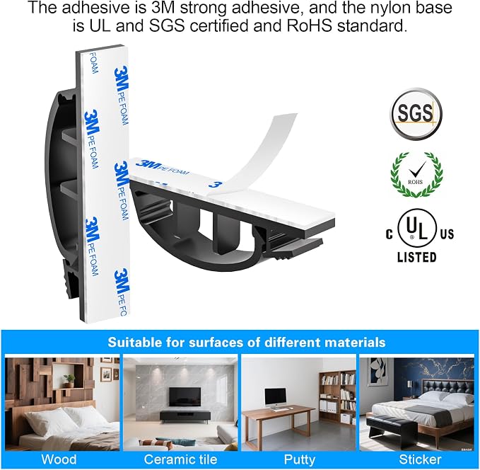 XHF 50pcs Adhesive Cable Wire Clips Black, Outdoor Cable Management Wire Organizer Cord Holder for Under Desk, Car, Wall, TV PC Ethernet Cable