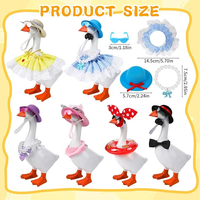 6 Sets Mini Desk Goose Outfits 7 Inches Mini Desk Goose Clothes with Cute Felt Hat Necklace Dresses and Sunglasses for Magnetic Porch Geese Key Holder Decor Gifts