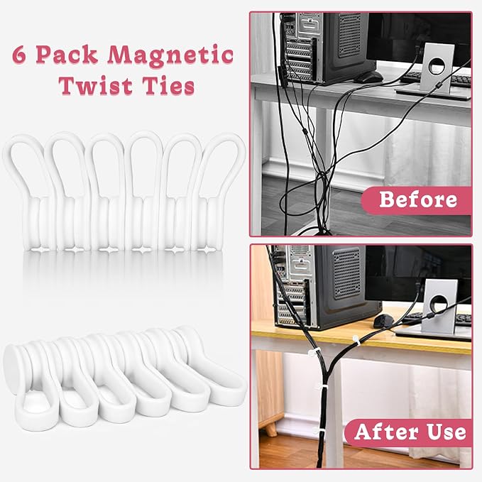 Viaky Magnetic Cable Ties 6-Pack,Silicone Cord Ties Cable Straps,White | Magnetic Twist Ties,Cord Clips for Charging Cords,USB Cable,Keychain,Magnetic Cable Clips for Home,Office,Kitchen,Travel