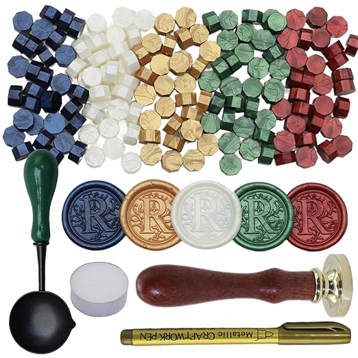 Initial Alphabet Wax Seal Stamp Kit, Retro Letter R Sealing Stamp with 150Pcs Sealing Wax Beads Spoon Pen Set for Wedding Invitations Cards Envelopes (R)