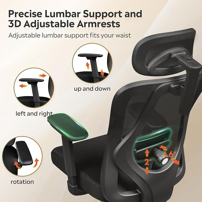 DEVAISE Ergonomic Mesh Office Chair with Adjustable 3D Headrest and Tilt Function, Big and Tall Reclining Comfy Home Computer Desk Chair with Lumbar Support and 3D Armrests, Black