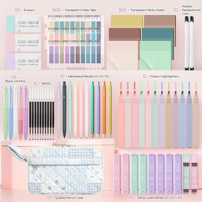 WOBAGMEN 62PCS Aesthetic School Supplies with Quilted Pencil Case, Pastel Highlighters, Gel Pens Mechanical Pencils Set, Cute Back to School Supplies, College Essentials (Blue Floral Patchwork, M)