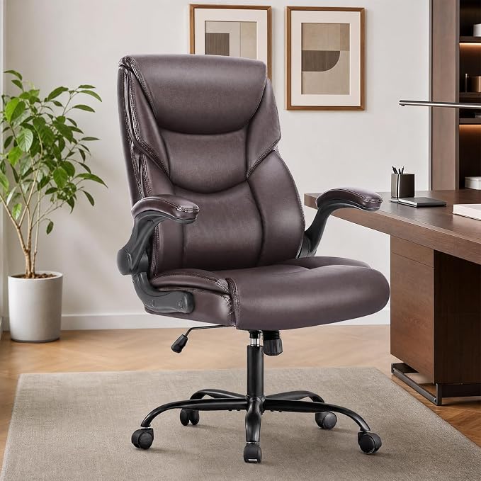 Sweetcrispy Ergonomic Computer Gaming Office Chair Set of 2, Heavy Duty Task Desk Swivel Rolling Chairs with Wheels, Flip-up Arms, Adjustable Height, PU Leather,Dark Brown