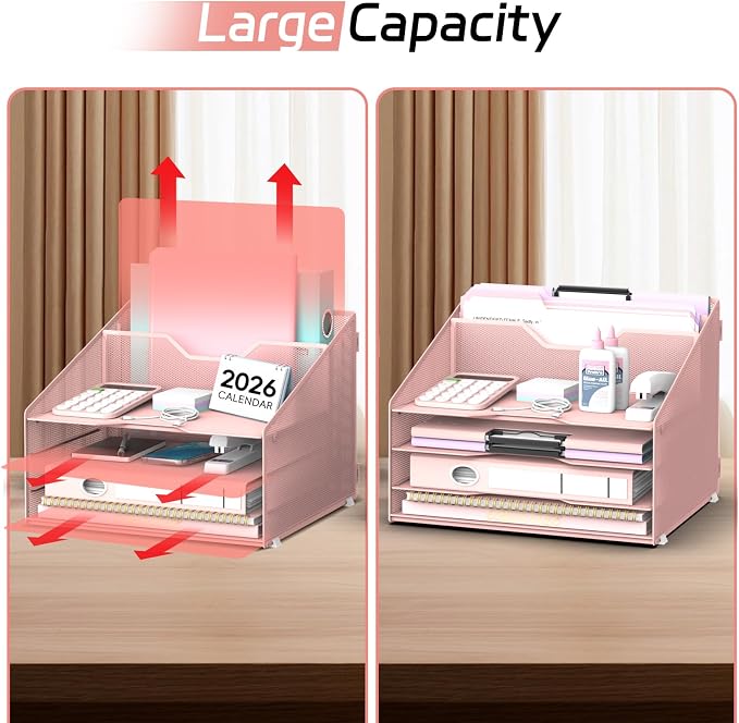 Desk File Organizer, 4 Letter Trays and 2 Upright Sections, Pink | Paper Organizer for Desk with Tiered Letter Trays and Vertical File Holders for Home Office, School and Workspace Use