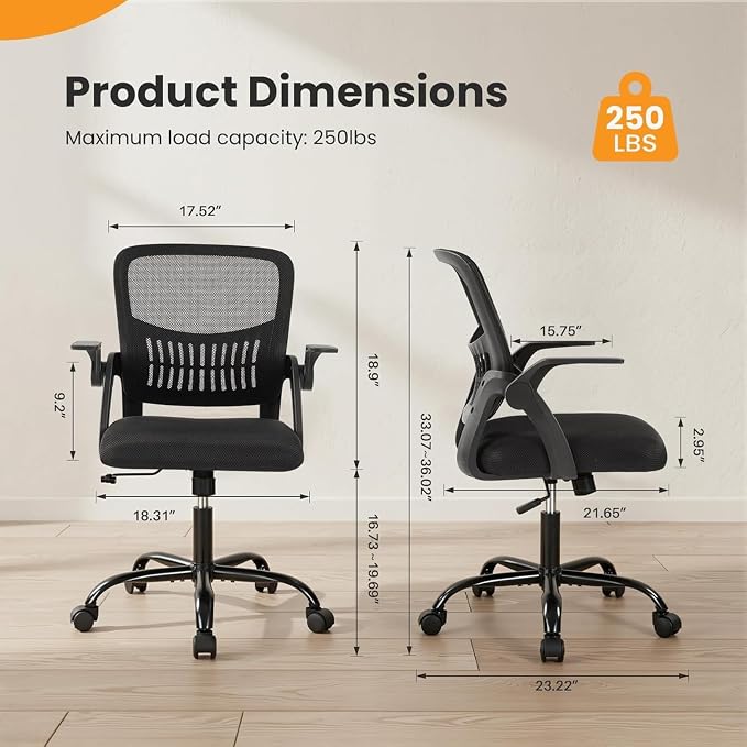 Sweetcrispy Home Office Managerial Executive Chair, Flip Up Armrest Ergonomic Mesh Adjustable Swivel Mid-Back Computer Desk Chair with Comfortable Lumbar Support, Comfy Arms for Bedroom,Study