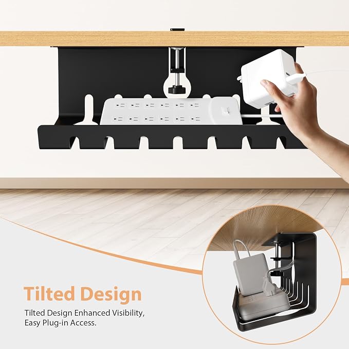 Syeeiex Under Desk Cable Management Tray, Cord Management, Black, 17inch | No-Drill C-Clamp and Screw Mount, Metal Desk Wire Organizer for Office Home Workspace, Cord Organizer with 10 Cable Ties