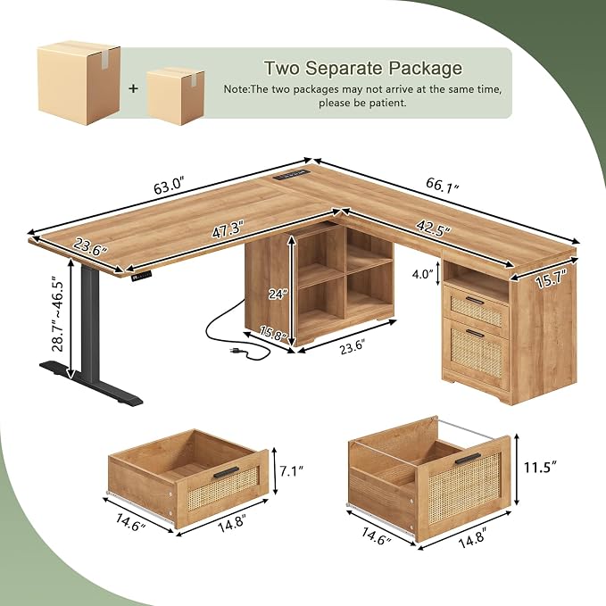 YOMILUVE 66 inch Rattan L Shaped Standing Desk with Storage for Home Office | Corner Electric Standing Desk with Drawers ＆ Storage Shelves, Height Adjustable Computer Desk with Power Outlets, Oak