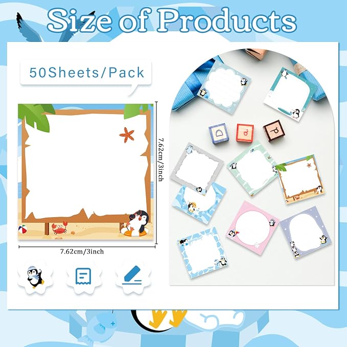Penguin Sticky Notes Gifts - 9 Pack Cute Penguin Notepads 3x3 Inches, Funny Animals Themed Self-Stick Memo Pads, School Office Supplies for Students Coworkers Men Women (450 Sheets)