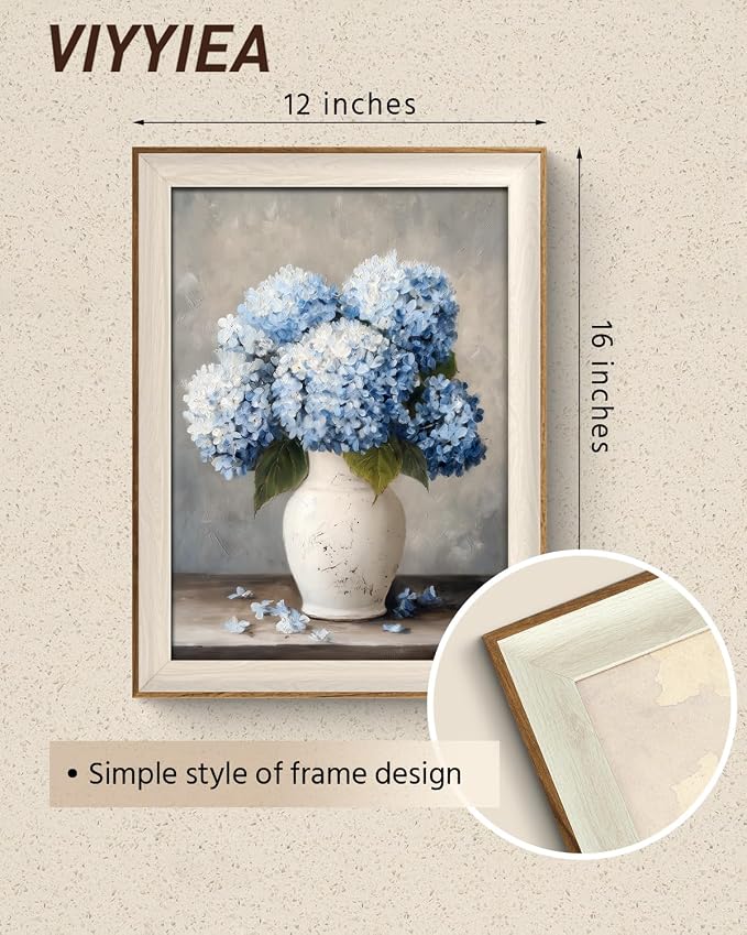 VIYYIEA Vintage Framed Wall Art for Living Room, Blue Hydrangea Canvas Prints, Oil Painting Home Decor, Flowers Picture, Bathroom Wall Decor Gifts for Friends or Family - 16L x 12W