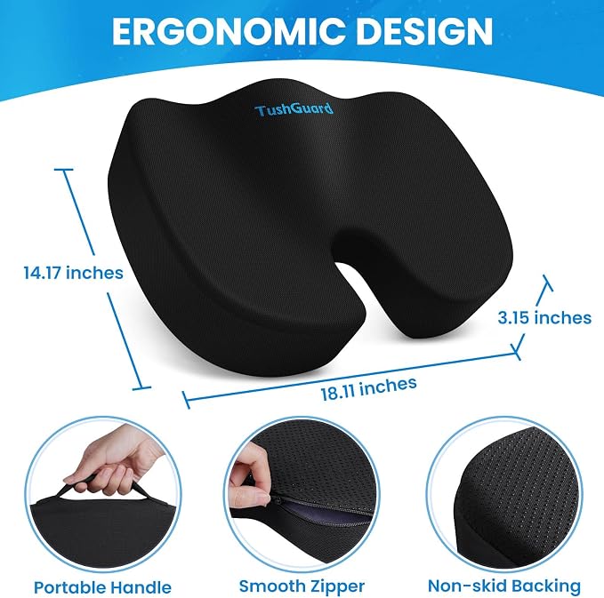 TushGuard Seat Cushion for Office Chair, Memory Foam Chair Cushion, Black | Office Chair Cushion for Car, Airplane - Chair Pad, Butt Pillow for Long Sitting Sciatica, Hip, Coccyx,Tailbone Pain Relief