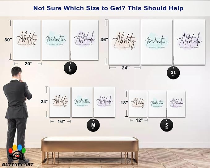 3 Piece Inspirational Wall Art - Ability Motivation Attitudes Quotes Canvas Art Print for Men Room Decor, Office Wall Art Picture, Motivational Poster Framed Artwork for Home Office Decor 16”x24”x3Pcs