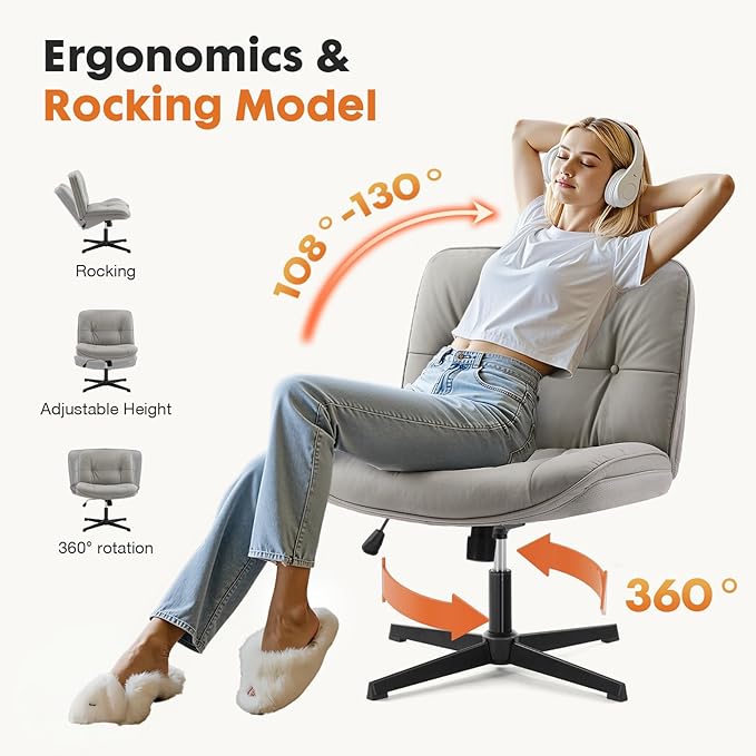 Sweetcrispy Criss Cross Chair, Wide Seat PU Leather Armless Office Desk Vanity Chair, Comfortable Adjustable Swivel Computer Task Chairs for Bedroom, Small Space Make Up, Grey