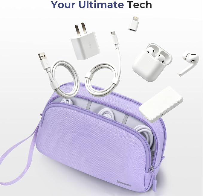 Skycase Travel Cable Organizer - Lightweight Water Resistant Dual-Layer Tech Pouch with Wrist Strap 9 Compartments Electronic Organizer Travel Case for Charger Cord Hard Drive,Small,Purple