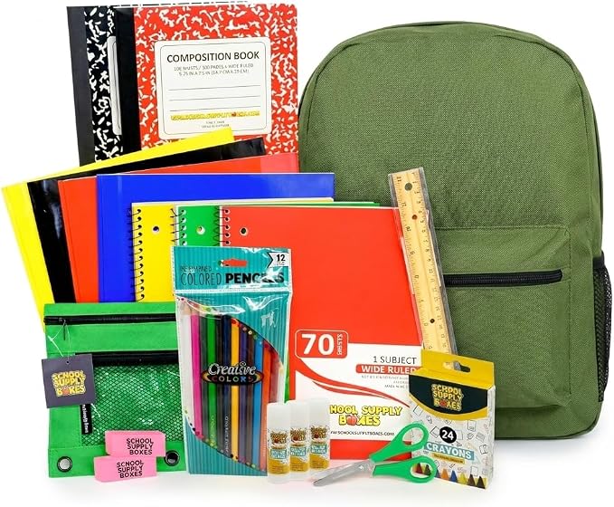 School Supply Boxes | 17" Assorted - Solid Color Backpack Bundle Pallet (180 Backpacks) for Elementary School | Back to School Bookbag with Supplies | Contains Crayons, Colored Pencils, Ruler, & More
