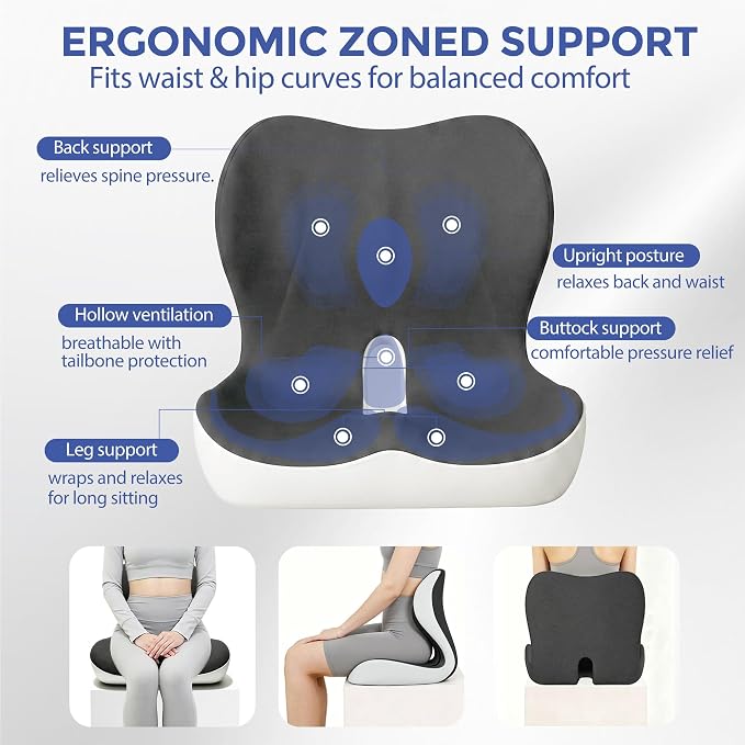 Seat Cushion for Office Chair and Car, Ergonomic Memory Foam Seat Cushion with Lumbar Support Pillow, Orthopedic Cushion for Sciatica & Back Pain, Dark Gray & Light Gray