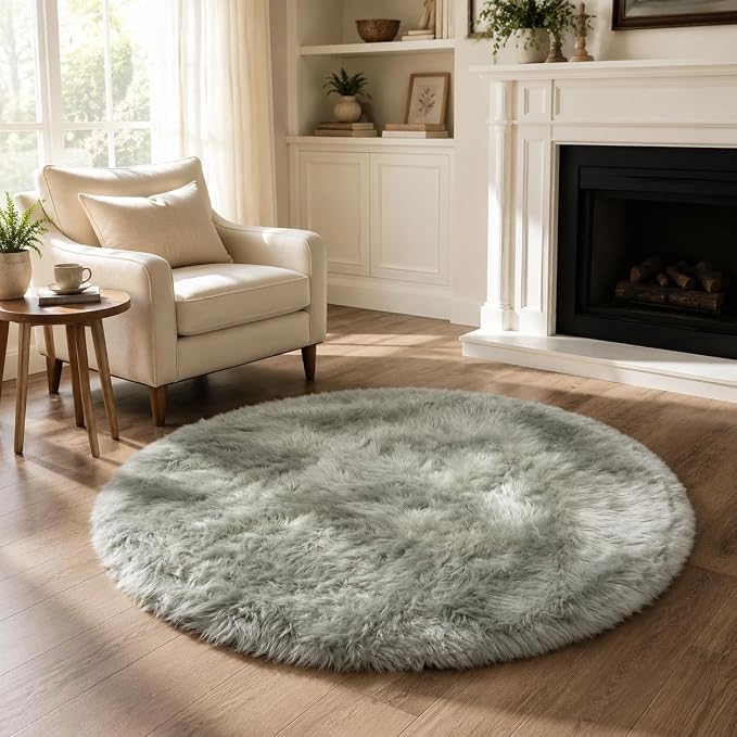 EasyJoy Faux Sheepskin Rug, Fluffy Faux Fur Rug, Ultra Soft Shag Area Rug with Non-Slip Backing for Bedroom, Living Room, Nursery, Kids Room(4 x 4 ft Round, Light Grey)